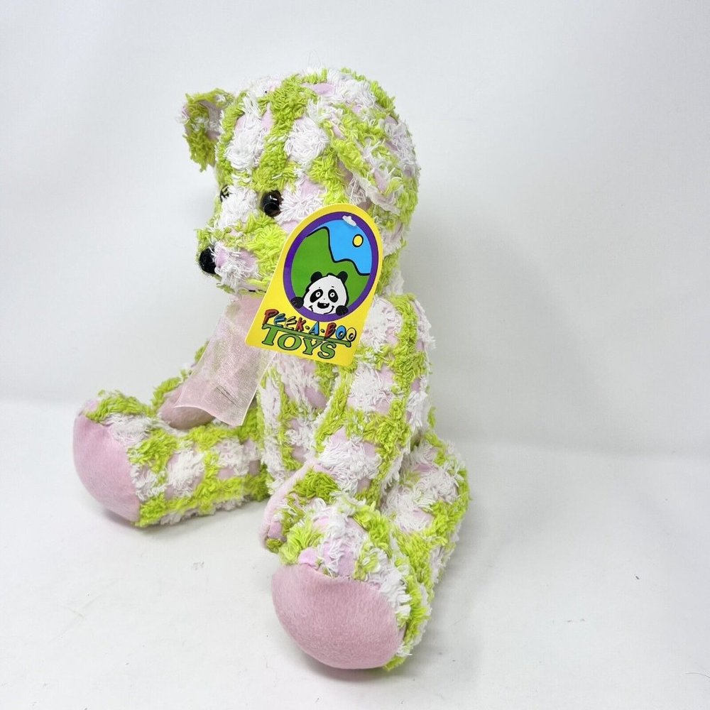 Peek A Boo Plush Pink Teddy Bear With Chenille Green & White Check 10" With Tag - Picture 2 of 8
